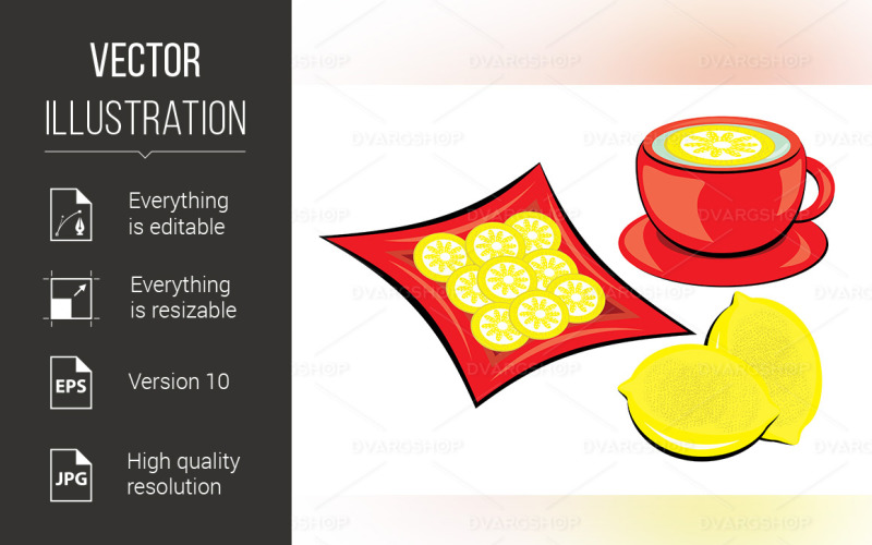 Download Vector "Tea With Lemon - Vector Image" / Tea With Lemon - Vector Image - Vector на тему графика tea,lemon,mug,with,white,background,crop,kitchen,freshness,refreshment,herbs,pair,beverage,black,morning,citrus,liquid,healthy,food,lifestyles