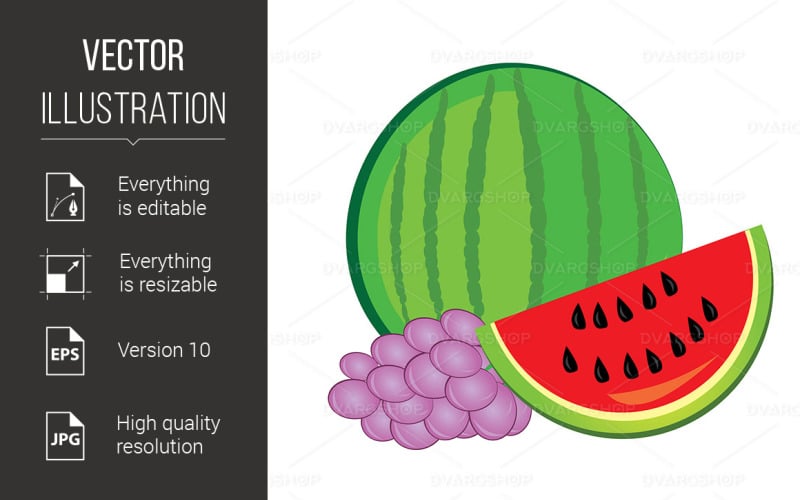Download Vector "Watermelon and Grapes - Vector Image" / Watermelon and Grapes - Vector Image - Vector на тему графика watermelon,fruit,grapes,healthy,vegetarian,freshness,refreshment,portion,stem,isolated,background,tropical,vitamin,raw,grape,vine,organic,juicy,drink,juice