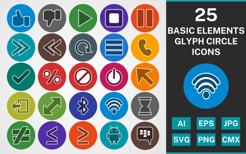 Download Набор иконок "25 BASIC ELEMENTS GLYPH CIRCLE PACK Icon Set" / 25 BASIC ELEMENTS GLYPH CIRCLE PACK Icon Set - Набор иконок на тему data set,file,icon,icons,linear,glyph,vector,sign,symbol,pictogram,circle,basic elements,reload,previous,logout,cursor,blackberry,call,hourglass,forward