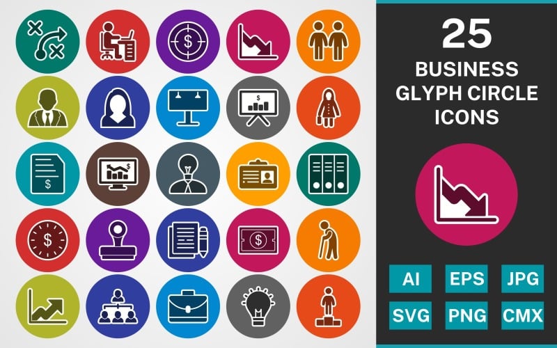 Download Набор иконок "25 BUSINESS GLYPH CIRCLE PACK Icon Set" / 25 BUSINESS GLYPH CIRCLE PACK Icon Set - Набор иконок на тему business set,file,icon,icons,linear,glyph,vector,sign,symbol,pictogram,circle,business,workspace,files,growth,idea,success,billboard,business plan,partnership
