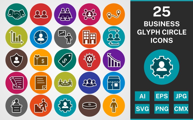 Download Набор иконок "25 BUSINESS GLYPH CIRCLE PACK Icon Set" / 25 BUSINESS GLYPH CIRCLE PACK Icon Set - Набор иконок на тему business set,file,icon,icons,linear,glyph,vector,sign,symbol,pictogram,circle,business,aim,promotion,management,presentation,working team,strategy,performance,contract