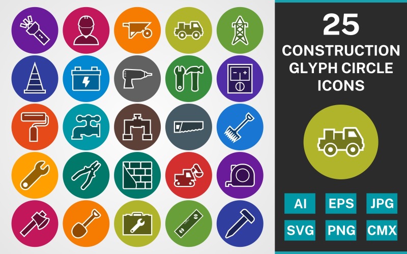 Download Набор иконок "25 CONSTRUCTION GLYPH CIRCLE PACK Icon Set" / 25 CONSTRUCTION GLYPH CIRCLE PACK Icon Set - Набор иконок на тему industrial set,file,icon,icons,linear,glyph,vector,sign,symbol,pictogram,circle,construction,tools,drill,loader,axe,shovel,level,brick wall,saw