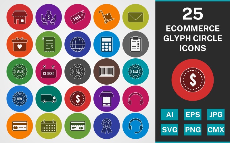 Download Набор иконок "25 ECOMMERCE GLYPH CIRCLE PACK Icon Set" / 25 ECOMMERCE GLYPH CIRCLE PACK Icon Set - Набор иконок на тему shopping set,file,icon,icons,linear,glyph,vector,sign,symbol,pictogram,circle,ecommerce,saving,receipt,checklist,new,sale,atm,envelope,globe