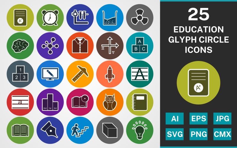 Download Набор иконок "25 EDUCATION GLYPH CIRCLE PACK Icon Set" / 25 EDUCATION GLYPH CIRCLE PACK Icon Set - Набор иконок на тему science set,file,icon,icons,linear,glyph,vector,sign,symbol,pictogram,circle,education,electron,axis,book dvd,cube,bulb,radiation,school shirt,notepad