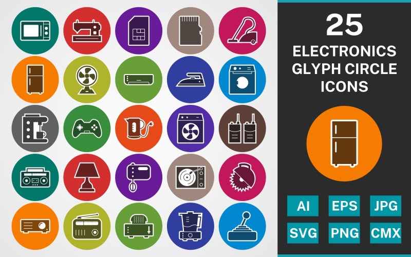 25 ELEKTRONISKA ENHETER GLYPH CIRCLE PACK Ikonuppsättning