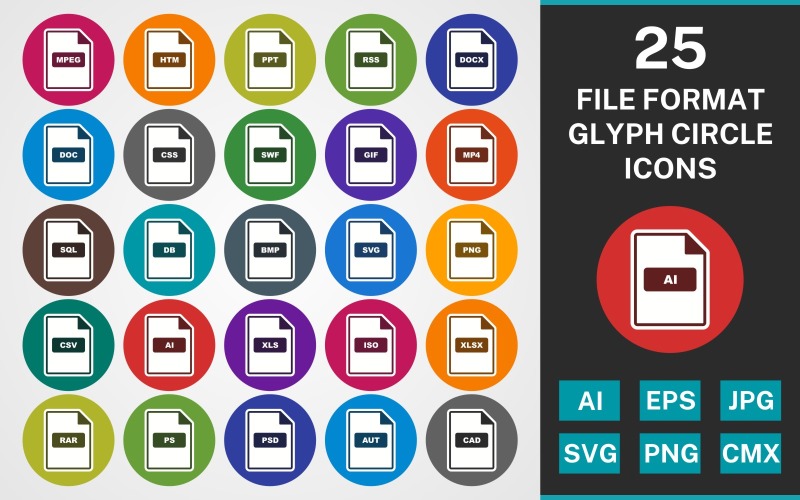 Download Набор иконок "25 FILE FORMAT GLYPH CIRCLE PACK Icon Set" / 25 FILE FORMAT GLYPH CIRCLE PACK Icon Set - Набор иконок на тему text set,file,icon,icons,linear,glyph,vector,sign,symbol,pictogram,circle,file format,ai,rss,xls,psd,aut,cad,htm,mpeg