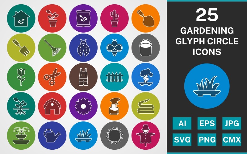 Download Набор иконок "25 GARDENING GLYPH CIRCLE PACK Icon Set" / 25 GARDENING GLYPH CIRCLE PACK Icon Set - Набор иконок на тему nature set,file,icon,icons,linear,glyph,vector,sign,symbol,pictogram,circle,gardening,rake,hose,grass,daisy,trowel,fence,watercan,cactus
