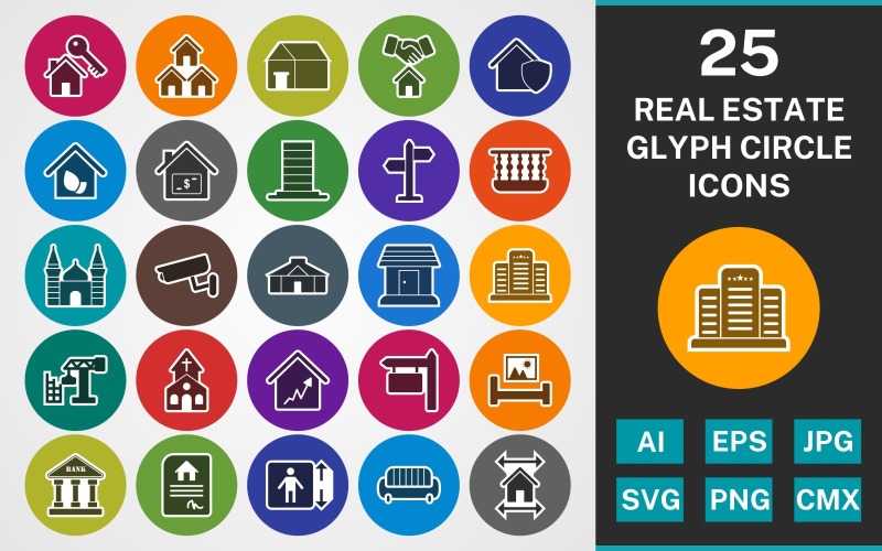 Набор иконок 25 REAL ESTATE GLYPH CIRCLE PACK