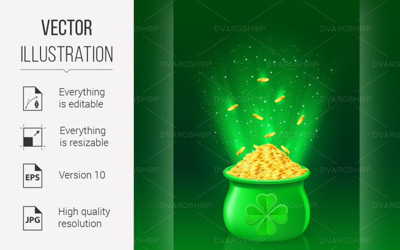 Download Vector "Pot with Full of Gold Coins - Vector Image" / Pot with Full of Gold Coins - Vector Image - Vector на тему графика pot,full,with,illustration,gold,coins,tradition,coin,light,abstract,shiny,fantasy,celtic,greeting,elf,happy,gift,traditional,ornamental,irel