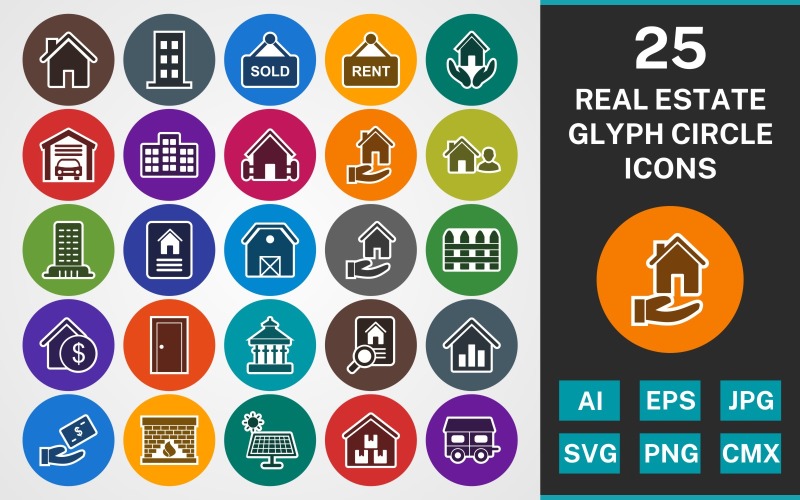 Download Набор иконок "25 REAL ESTATE GLYPH CIRCLE PACK Icon Set" / 25 REAL ESTATE GLYPH CIRCLE PACK Icon Set - Набор иконок на тему city set,file,icon,icons,linear,glyph,vector,sign,symbol,pictogram,circle,real estate,flat,agent,office,fire place,insurance,solar energy,mobile house,sold