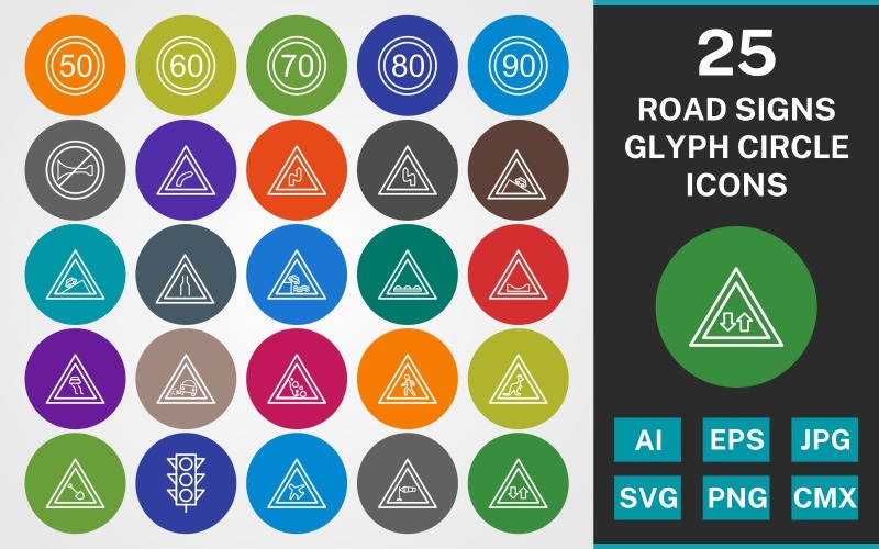 Download Набор иконок "25 ROAD SIGNS GLYPH CIRCLE PACK Icon Set" / 25 ROAD SIGNS GLYPH CIRCLE PACK Icon Set - Набор иконок на тему text set,file,icon,icons,linear,glyph,vector,sign,symbol,pictogram,circle,road signs,steep ascent,air field,falling rock,speed limit 60,road dips,lose gravel,light signals,right bend