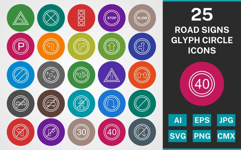 Download Набор иконок "25 ROAD SIGNS GLYPH CIRCLE PACKV Icon Set" / 25 ROAD SIGNS GLYPH CIRCLE PACKV Icon Set - Набор иконок на тему text set,file,icon,icons,linear,glyph,vector,sign,symbol,pictogram,circle,road signs,give way,no entry,stop,left bend,slow,lane control sign,road closed,u turn