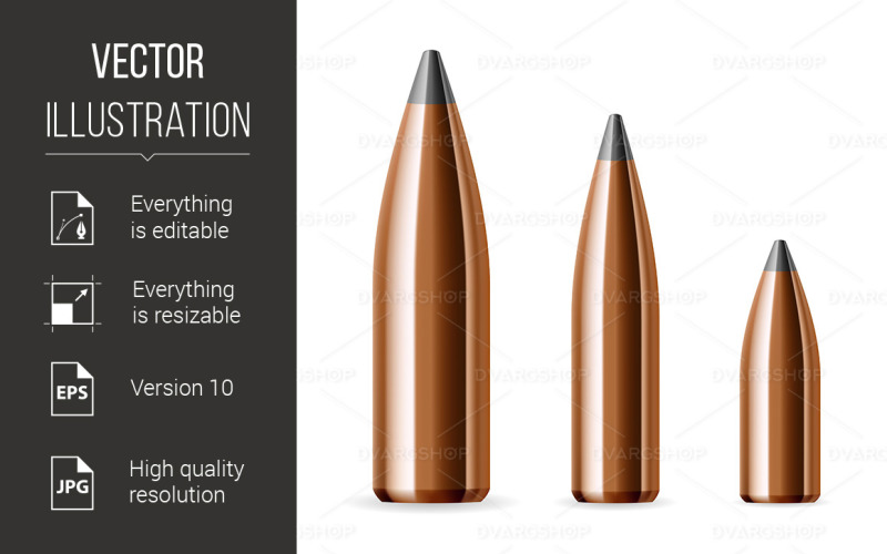 Download Vector "Set of Bullets - Vector Image" / Set of Bullets - Vector Image - Vector на тему графика set,illustration,bullets,background,white,bullet,gun,kill,security,war,ammo,ammunition,isolated,caliber,lead,icon,copper,arm,sniper,fire