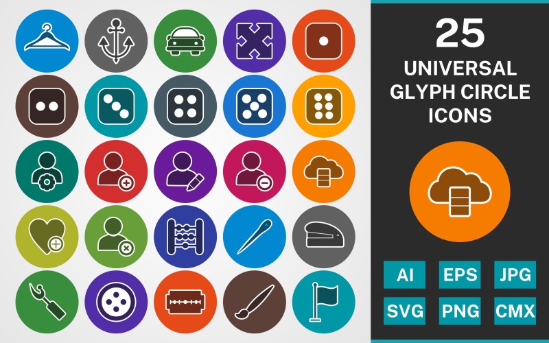 Download Набор иконок "25 UNIVERSAL GLYPH CIRCLE PACK Icon Set" / 25 UNIVERSAL GLYPH CIRCLE PACK Icon Set - Набор иконок set,file,icon,icons,linear,glyph,vector,sign,symbol,pictogram,circle,universal,add user,stapler,anchor,hanger,blade,flag,abacus,expend