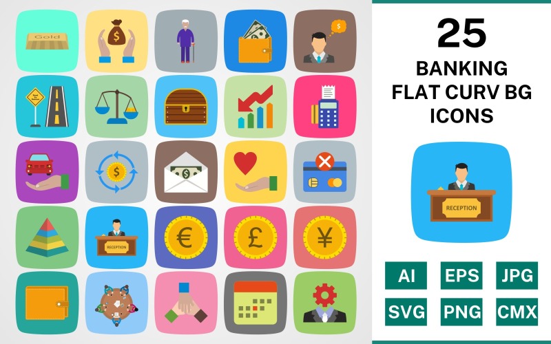 Download Набор иконок "25 BANKING FLAT CURV BG PACK Icon Set" / 25 BANKING FLAT CURV BG PACK Icon Set - Набор иконок на тему финансы set,file,icon,icons,flat,round,vector,sign,symbol,pictogram,curve,banking,profit,charity,reception,team work,meeting,savings,administration,money flow
