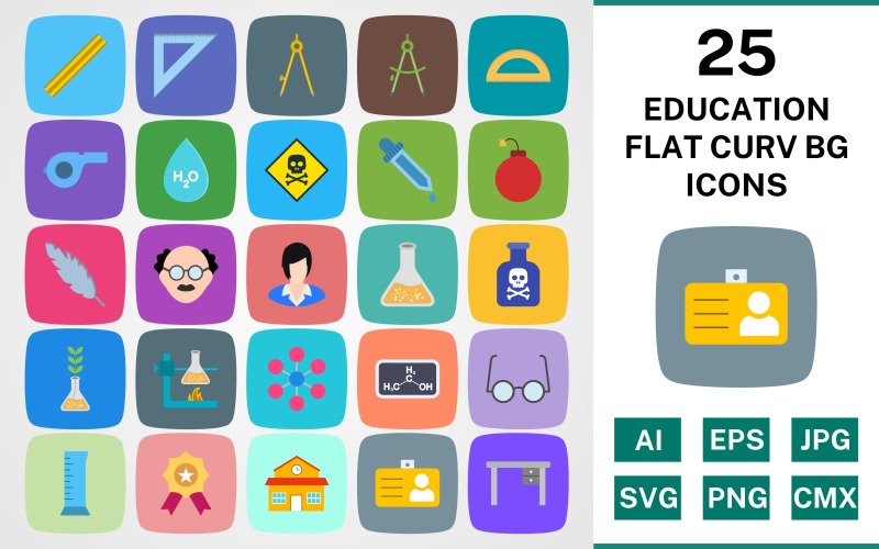 Download Набор иконок "25 EDUCATION FLAT CURV BG PACK Icon Set" / 25 EDUCATION FLAT CURV BG PACK Icon Set - Набор иконок на тему science set,file,icon,icons,flat,round,vector,sign,symbol,pictogram,curve,education,beaker,award,school,toxic,scale,study table,whistle,compass