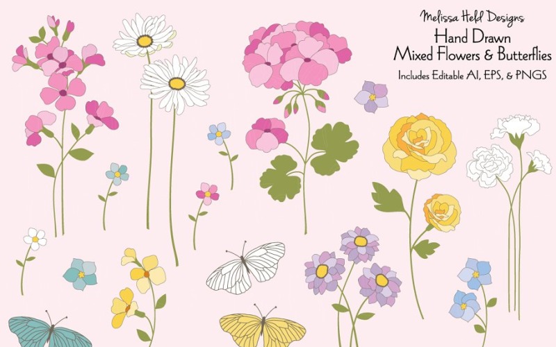 Download Иллюстрация "Hand Drawn Flowers &amp; Butterflies - Illustration" / Hand Drawn Flowers &amp; Butterflies - Illustration - Иллюстрация на тему графика clipart,vector,graphic,printable,illustration,print,art,paper,hand drawn,design,flower,flowers,floral,botanical,pattern,butterfly,butterflies,nature,rose,daisy