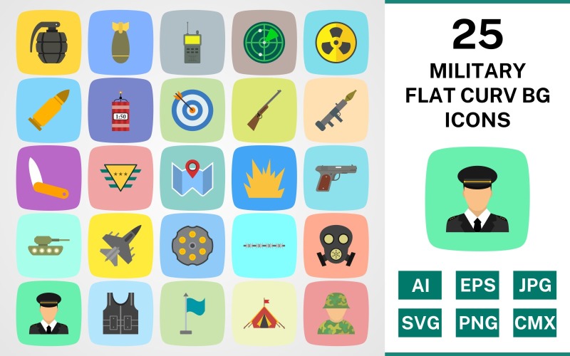 Download Набор иконок "25 MILITARY FLAT CURV BG PACK Icon Set" / 25 MILITARY FLAT CURV BG PACK Icon Set - Набор иконок на тему military set,file,icon,icons,flat,round,vector,sign,symbol,pictogram,curve,military,bullet,tank,gun,jet,bomb,grenade,blast,chamber