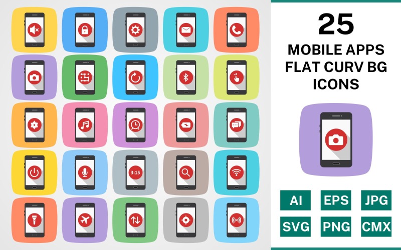 Download Набор иконок "25 MOBILE APPS FLAT CURV BG PACK Icon Set" / 25 MOBILE APPS FLAT CURV BG PACK Icon Set - Набор иконок на тему music set,file,icon,icons,flat,round,vector,sign,symbol,pictogram,curve,mobile apps,call,camera,music,wifi,search,airplane,gps,hotspot