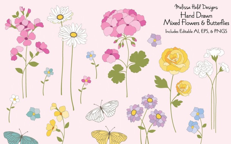 Ručně tažené květiny a motýli - ilustrace