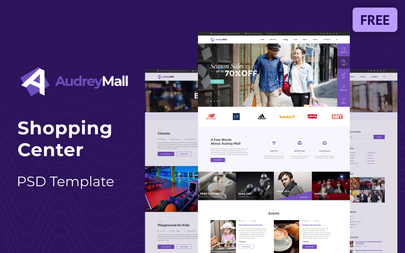 Audrey Mall - Alışveriş Merkezi, Eğlence Mağazası Ücretsiz PSD Şablonu
