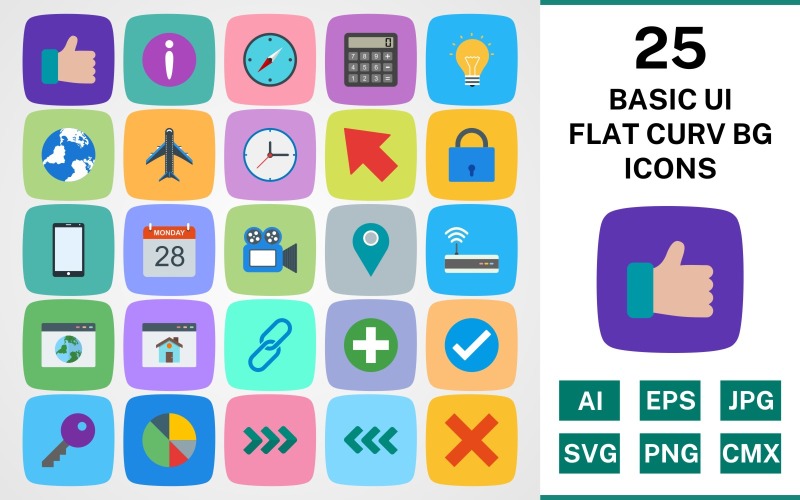 25 BASIC UI FLAT CURV BG PACK Icon Set