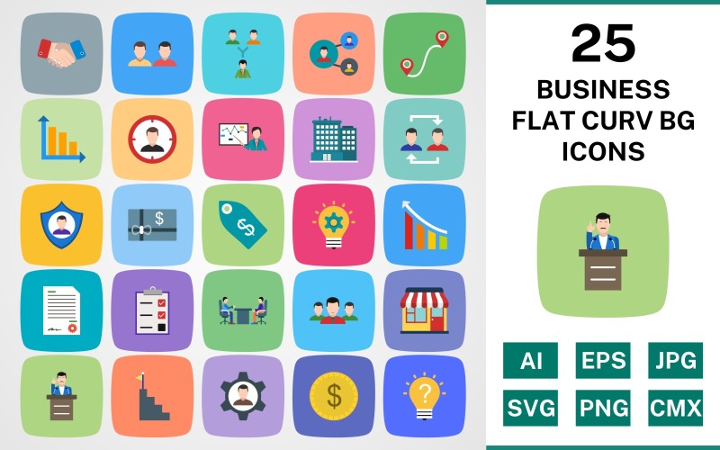 Download Набор иконок "25 BUSINESS FLAT CURV BG PACK Icon Set" / 25 BUSINESS FLAT CURV BG PACK Icon Set - Набор иконок на тему business set,file,icon,icons,linear,round,vector,sign,symbol,pictogram,curve,business,shop,speech,task,meeting,promotion,management,presentation,working team
