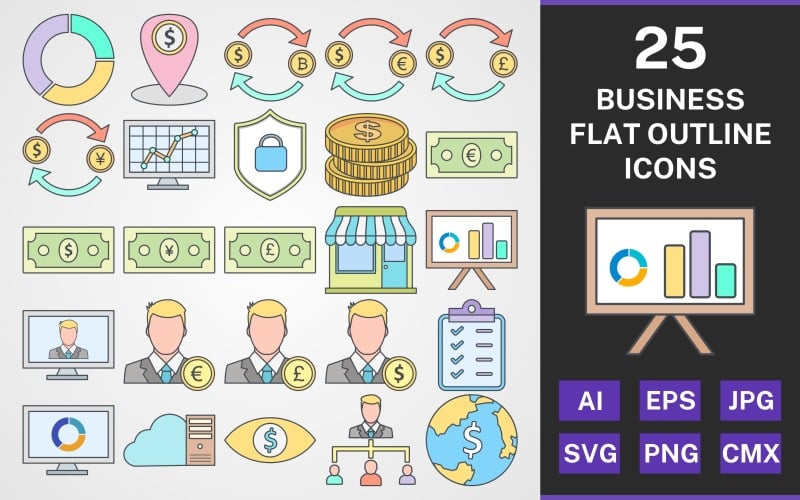 Download Набор иконок "25 BUSINESS FLAT OUTLINE PACK Icon Set" / 25 BUSINESS FLAT OUTLINE PACK Icon Set - Набор иконок на тему финансы set,file,icon,icons,flat,round,vector,sign,symbol,pictogram,outline,business,pie chart,shop,pound,world money,organization,online work,euro,dollar