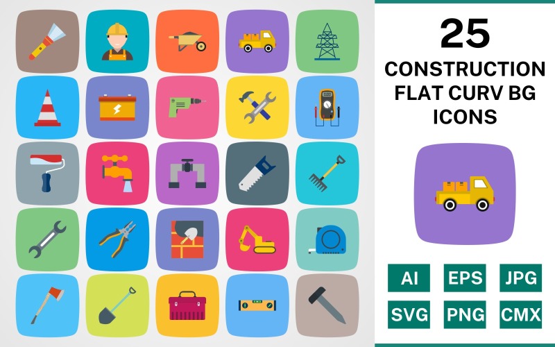Download Набор иконок "25 CONSTRUCTION FLAT CURV BG PACK Icon Set" / 25 CONSTRUCTION FLAT CURV BG PACK Icon Set - Набор иконок на тему industrial set,file,icon,icons,flat,round,vector,sign,symbol,pictogram,curve,construction,tools,loader,wrench,axe,shovel,tool box,electric tower,flash