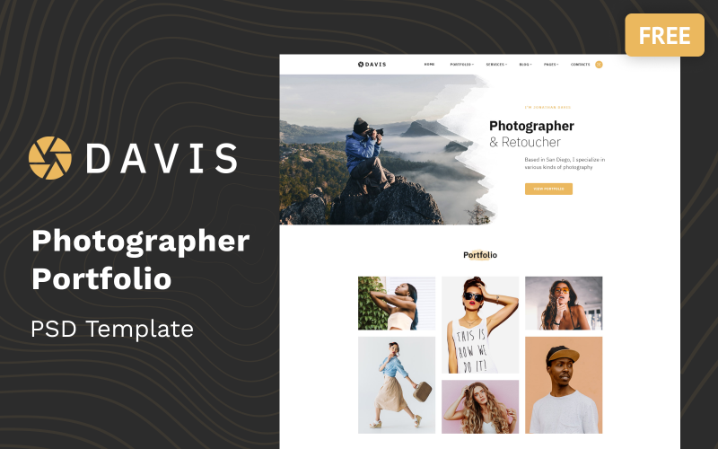 Davis - Template PSD grátis com várias páginas do portfólio do fotógrafo