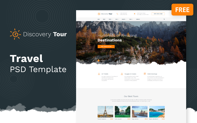 Discovery Tour - Многостраничный бесплатный шаблон PSD для путешествий
