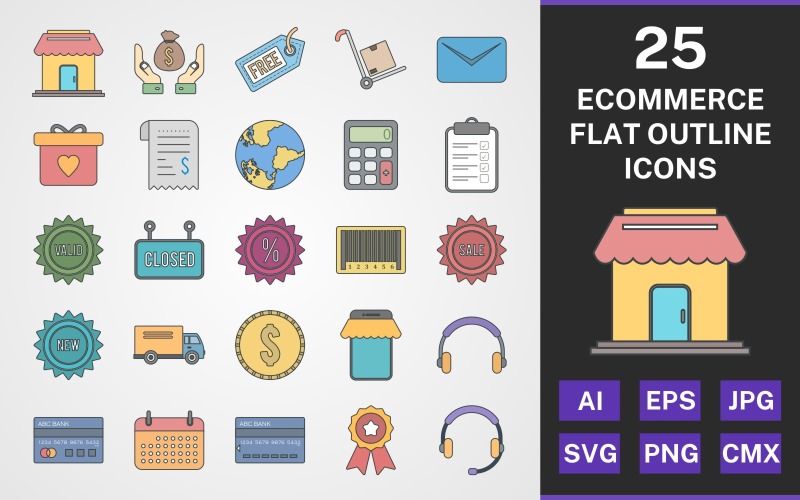 Download Набор иконок "25 ECOMMERCE FLAT OUTLINE PACK Icon Set" / 25 ECOMMERCE FLAT OUTLINE PACK Icon Set - Набор иконок на тему shopping set,file,icon,icons,flat,round,vector,sign,symbol,pictogram,outline,ecommerce,gift,shop,saving,checklist,sale,new,atm,ribbon