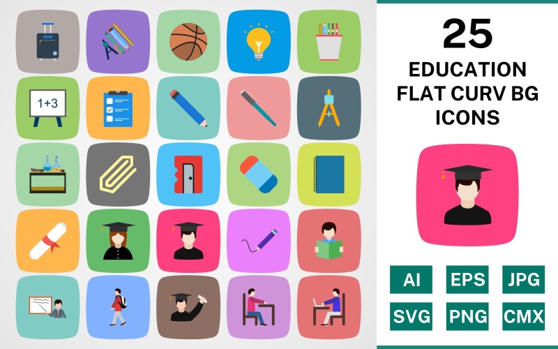 Download Набор иконок "25 EDUCATION FLAT CURV BG PACK Icon Set" / 25 EDUCATION FLAT CURV BG PACK Icon Set - Набор иконок на тему science set,file,icon,icons,linear,round,vector,sign,symbol,pictogram,curve,education,list,eraser,writing,reading,teaching,compass,ball,bag