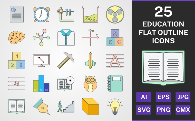 Download Набор иконок "25 EDUCATION FLAT OUTLINE PACK Icon Set" / 25 EDUCATION FLAT OUTLINE PACK Icon Set - Набор иконок на тему science set,file,icon,icons,flat,round,vector,sign,symbol,pictogram,outline,education,school shirt,nib,cube,open book,noteepad,book dvd,abc cubes,radiation