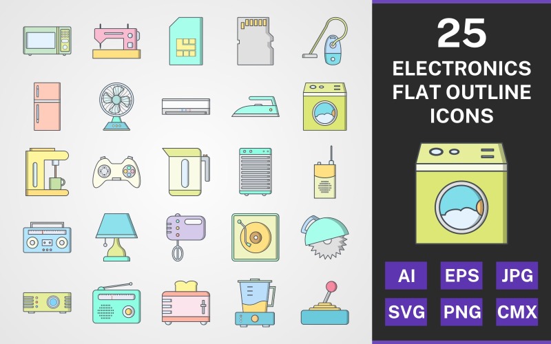 Download Набор иконок "25 ELECTRONIC DEVICES FLAT OUTLINE PACK Icon Set" / 25 ELECTRONIC DEVICES FLAT OUTLINE PACK Icon Set - Набор иконок на тему computer set,file,icon,icons,flat,round,vector,sign,symbol,pictogram,outline,electronics,devices,ac,iron,kattle,projector,coffee maker,radio,juicer