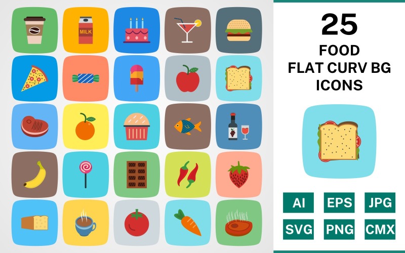25 FOOD FLAT CURV BG PACK Ikonuppsättning