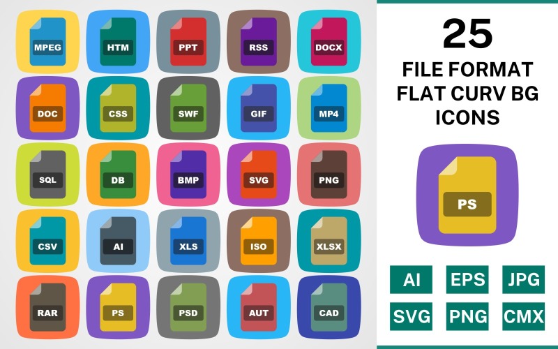 25 FORMAT PLIKU FLAT CURV BG PACK Zestaw ikon