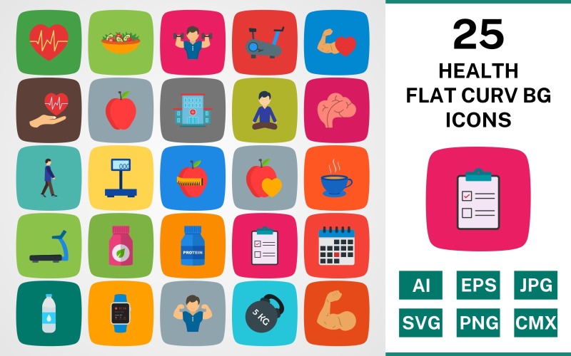 Download Набор иконок "25 HEALTH FLAT CURV BG PACK Icon Set" / 25 HEALTH FLAT CURV BG PACK Icon Set - Набор иконок на тему food set,file,icon,icons,flat,round,vector,sign,symbol,pictogram,curve,health,exercise,healthy food,protein,checklist,kettlebell,treadmill,healthy heart,hospital