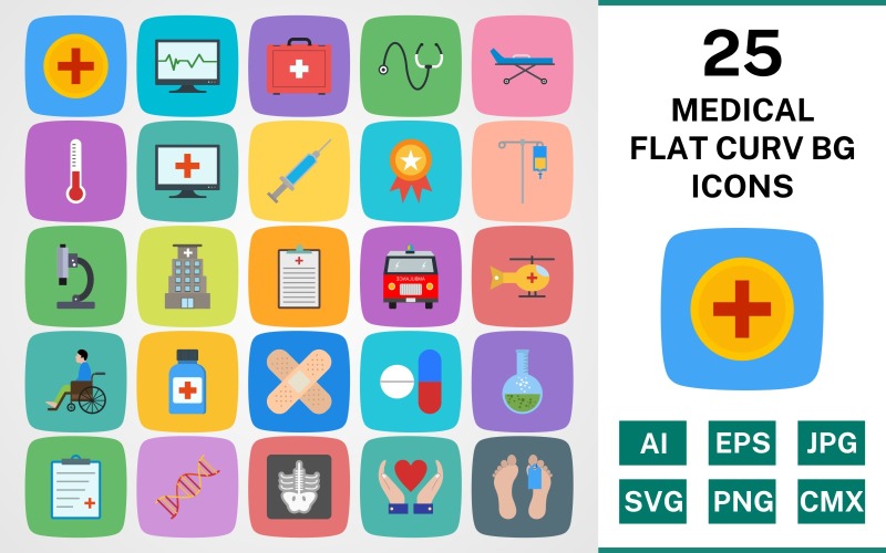 Download Набор иконок "25 MEDICAL FLAT CURV BG PACK Icon Set" / 25 MEDICAL FLAT CURV BG PACK Icon Set - Набор иконок на тему medical set,file,icon,icons,linear,glyph,vector,sign,symbol,pictogram,circle,medical,drip,dna,xray,ambulance,microscope,pulse,report,hospital