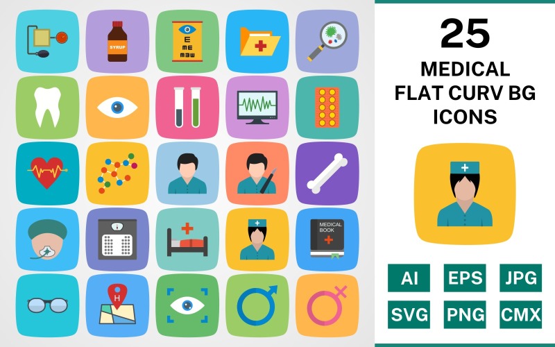 Download Набор иконок "25 MEDICAL FLAT CURV BG PACK Icon Set" / 25 MEDICAL FLAT CURV BG PACK Icon Set - Набор иконок на тему medical set,file,icon,icons,linear,glyph,vector,sign,symbol,pictogram,circle,medical,tablets,ecg,glasses,test tubes,eye,doctor,operation,bojne