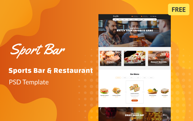 Многостраничный бесплатный PSD шаблон Sports Bar & Restaurant