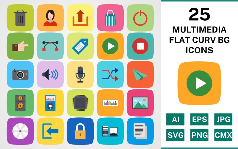25 MULTIMEDIA FLAT CURV BG PACK Icon Set
