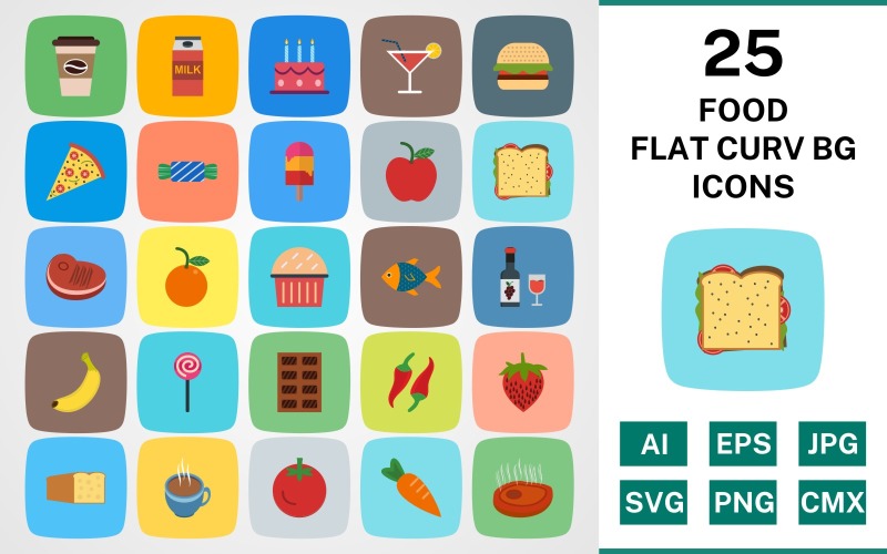 Набор иконок 25 FOOD FLAT CURV BG PACK