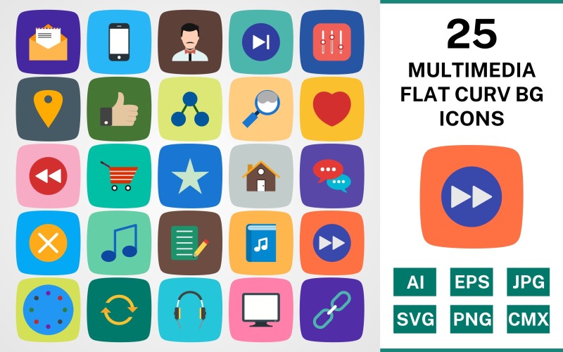 Набор иконок 25 MULTIMEDIA FLAT CURV BG PACK