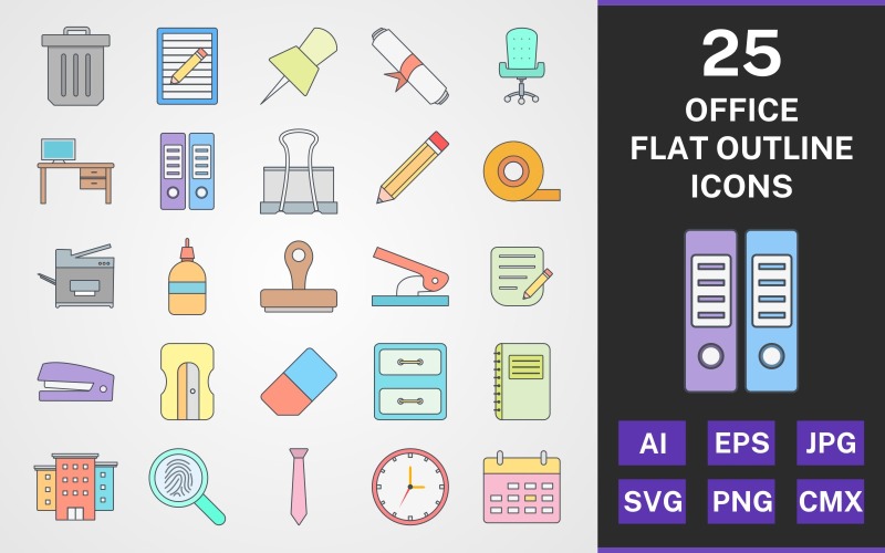 Download Набор иконок "25 OFFICE FLAT OUTLINE PACK Icon Set" / 25 OFFICE FLAT OUTLINE PACK Icon Set - Набор иконок на тему business set,file,icon,icons,flat,round,vector,sign,symbol,pictogram,outline,office,stapler,archive,clock,tie,paper roll,post it,trash,glue