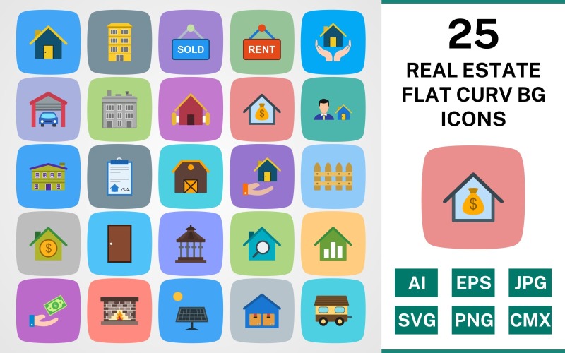 Download Набор иконок "25 REAL ESTATE FLAT CURV BG PACK Icon Set" / 25 REAL ESTATE FLAT CURV BG PACK Icon Set - Набор иконок на тему city set,file,icon,icons,linear,round,vector,sign,symbol,pictogram,curve,real estate,sold,flat,door,loan,house,office,agent,farm house