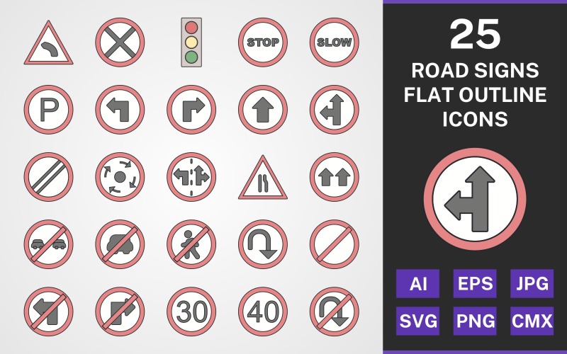 Download Набор иконок "25 ROAD SIGNS FLAT OUTLINE PACK Icon Set" / 25 ROAD SIGNS FLAT OUTLINE PACK Icon Set - Набор иконок на тему text set,file,icon,icons,flat,round,vector,sign,symbol,pictogram,outline,road signs,give way,no entry,u turn,speed limit 30,stop,left bend,slow,parking