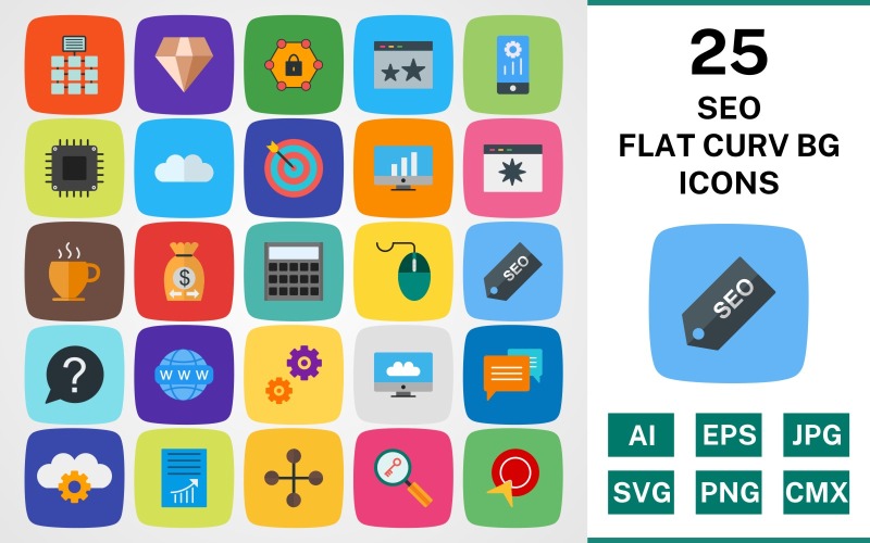25 SEO FLAT CURV BG PACK Ikonuppsättning