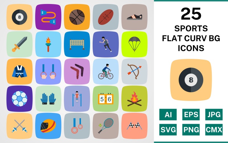 25 SPORTS AND GAMES FLAT CURV BG PACK Icon Set