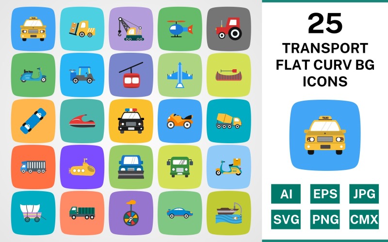 Download Набор иконок "25 TRANSPORT FLAT CURV BG PACK Icon Set" / 25 TRANSPORT FLAT CURV BG PACK Icon Set - Набор иконок на тему transport set,file,icon,icons,linear,round,vector,sign,symbol,pictogram,curve,transport,taxi,wagon,dumper,loader,chair lift,submarine,airport bus,fishing boat